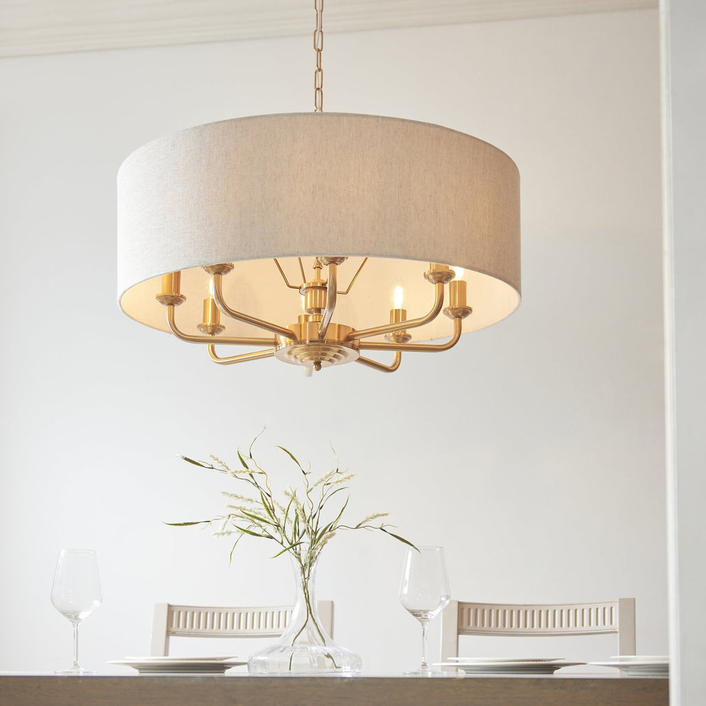 110727 Highclere 8 Light Pendant Vintage Brass & Natural Linen Shade