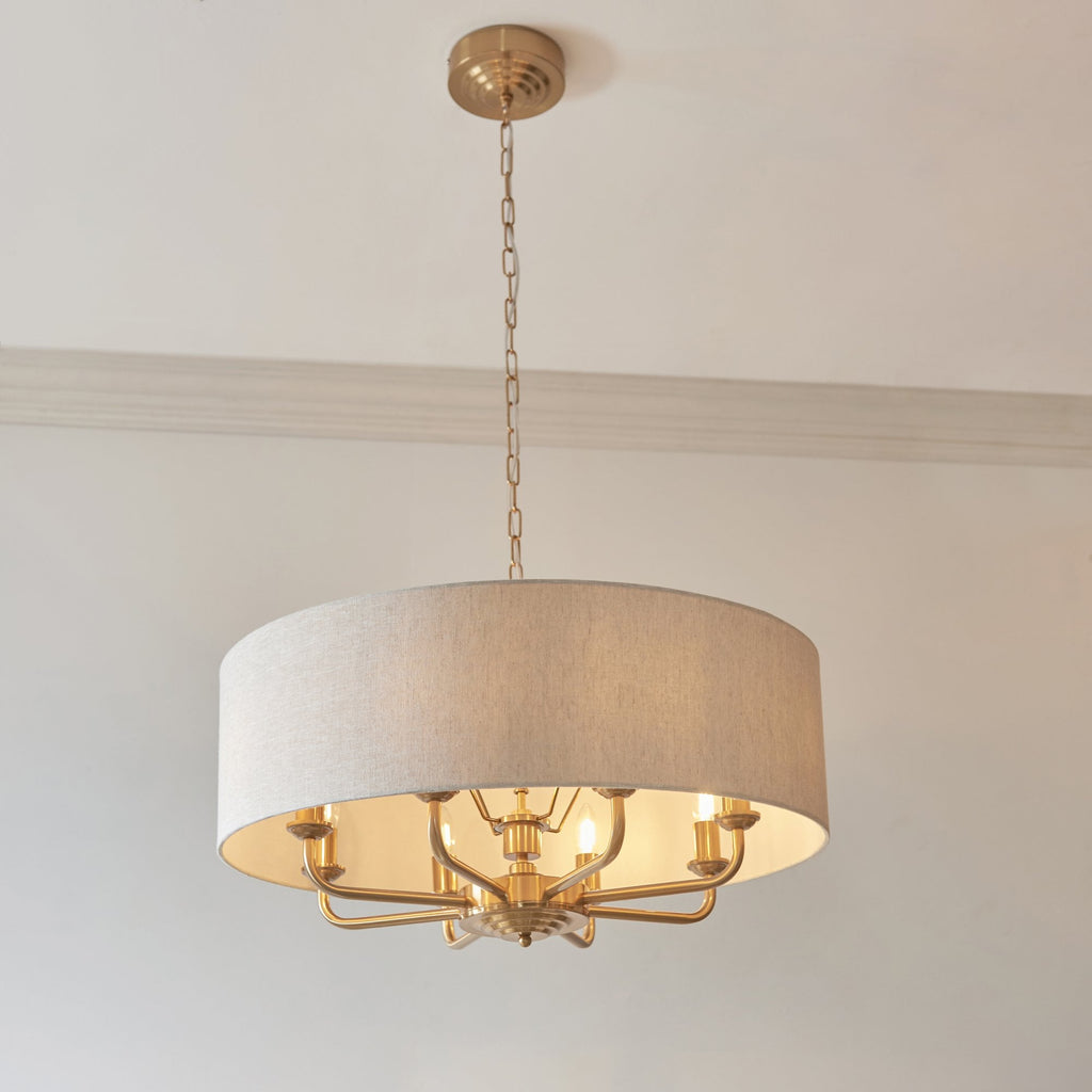 110727 Highclere 8 Light Pendant Vintage Brass & Natural Linen Shade