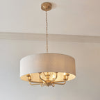110727 Highclere 8 Light Pendant Vintage Brass & Natural Linen Shade