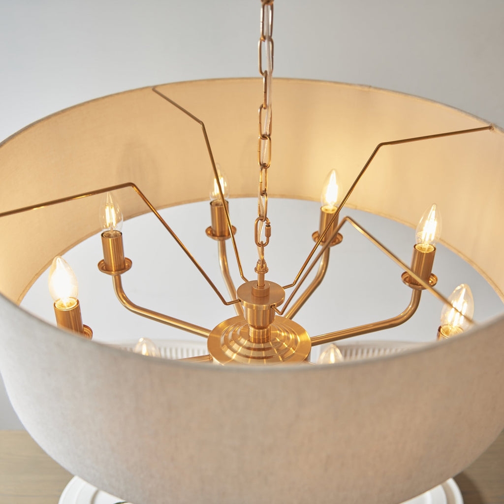 110727 Highclere 8 Light Pendant Vintage Brass & Natural Linen Shade