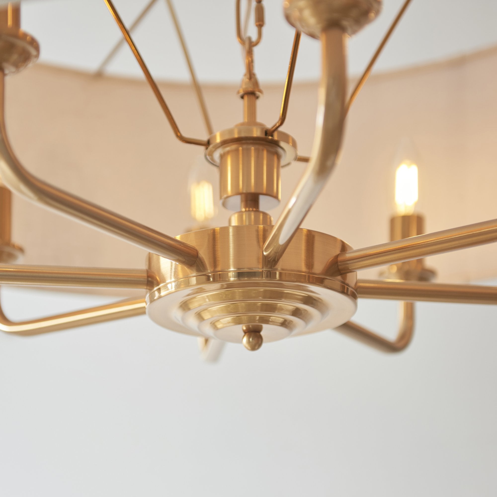 110727 Highclere 8 Light Pendant Vintage Brass & Natural Linen Shade