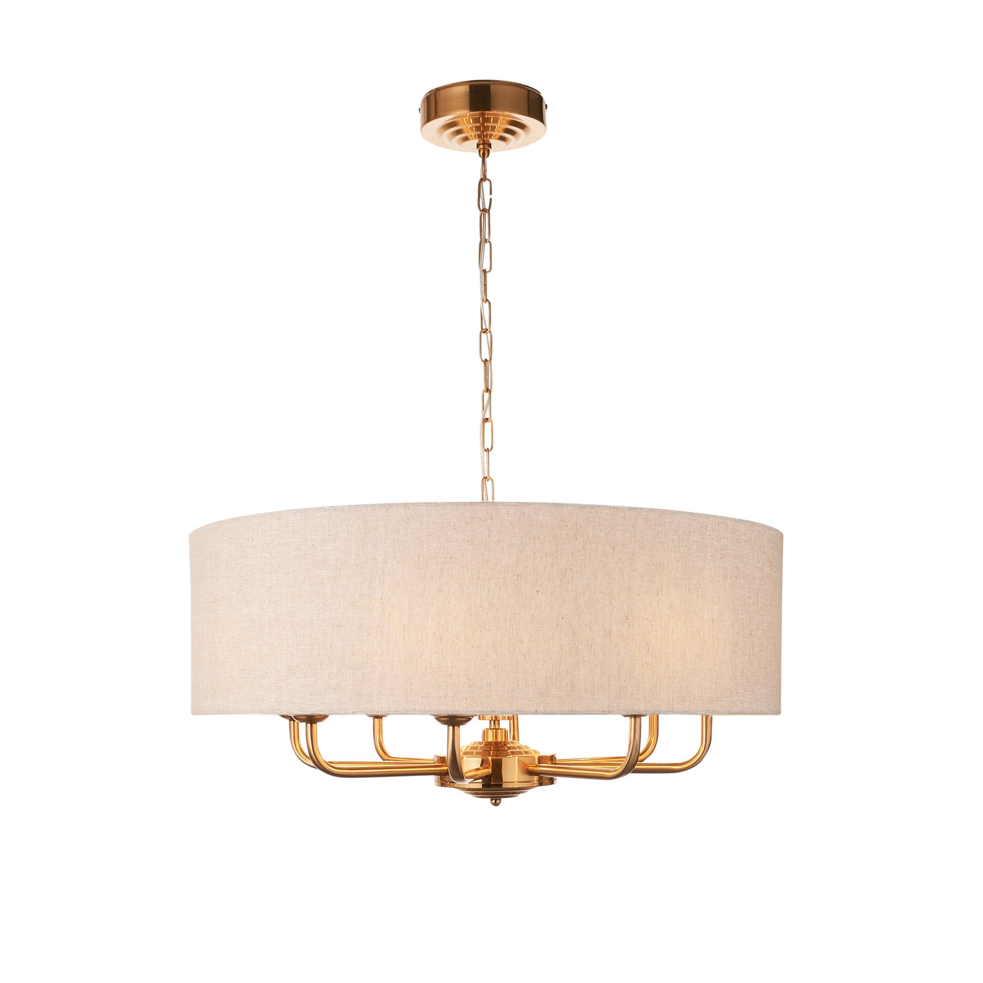 110727 Highclere 8 Light Pendant Vintage Brass & Natural Linen Shade