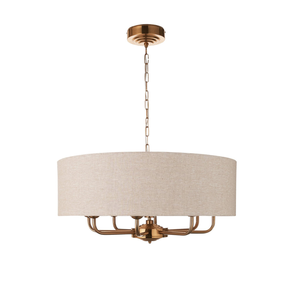 110727 Highclere 8 Light Pendant Vintage Brass & Natural Linen Shade