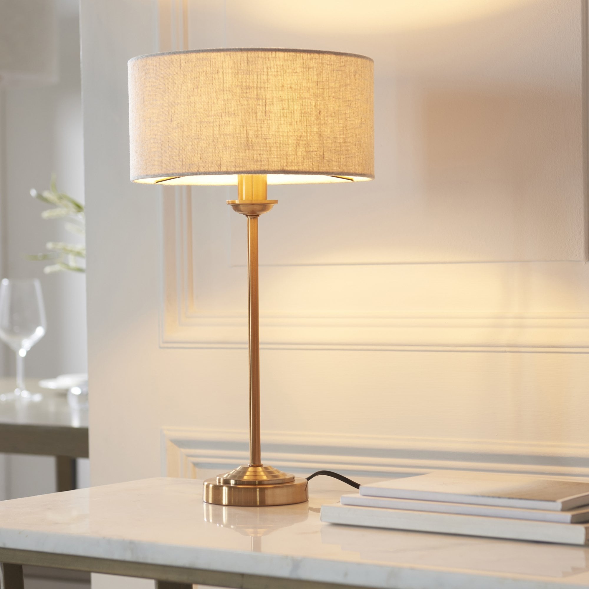 110728 Highclere Table Lamp Vintage Brass & Natural Linen Shade
