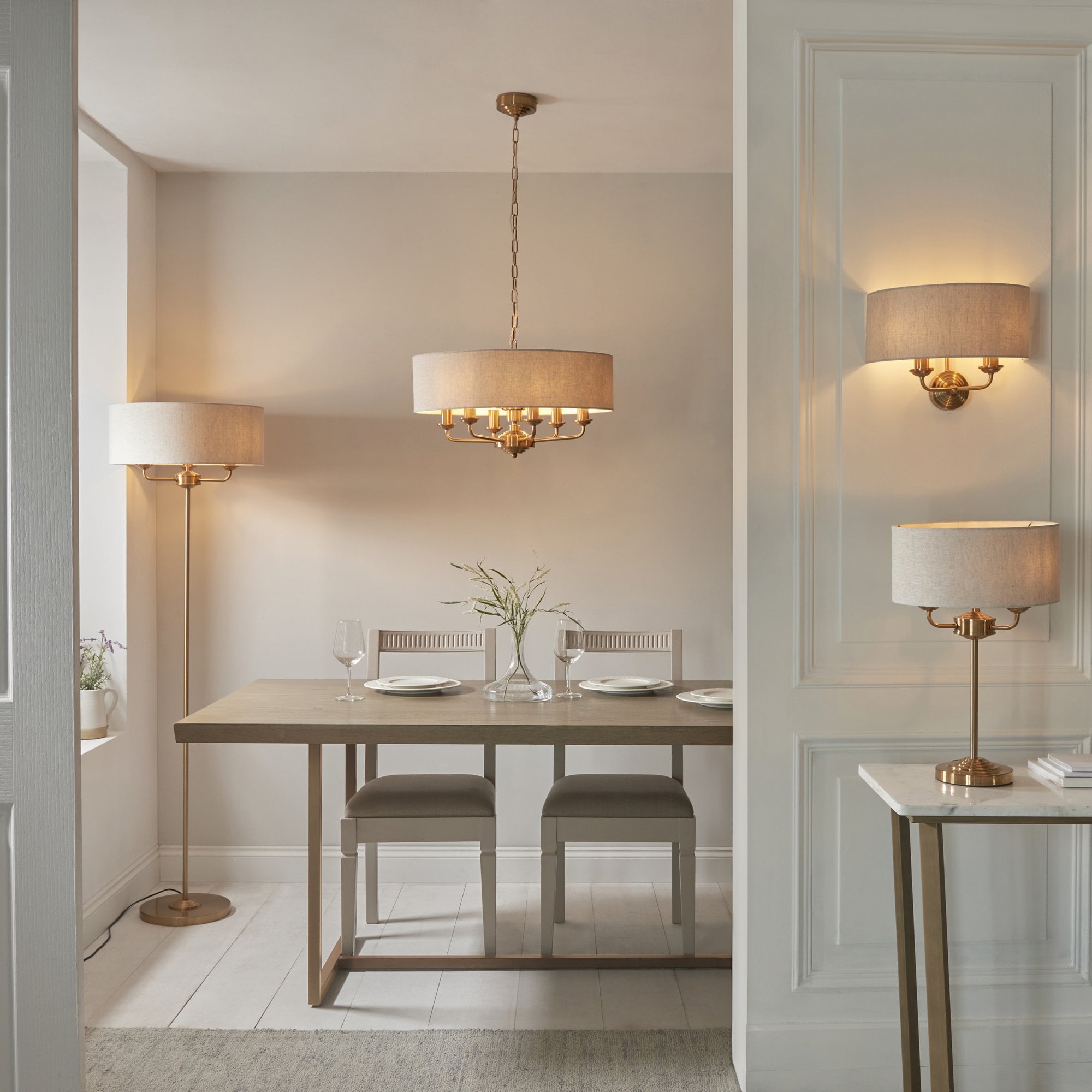 110728 Highclere Table Lamp Vintage Brass & Natural Linen Shade