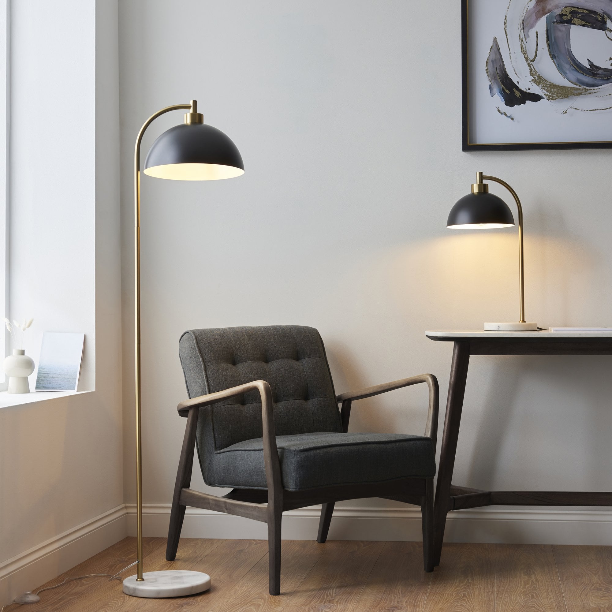 112210 Buchanan Task Table Lamp Black, Brass & Grey Marble