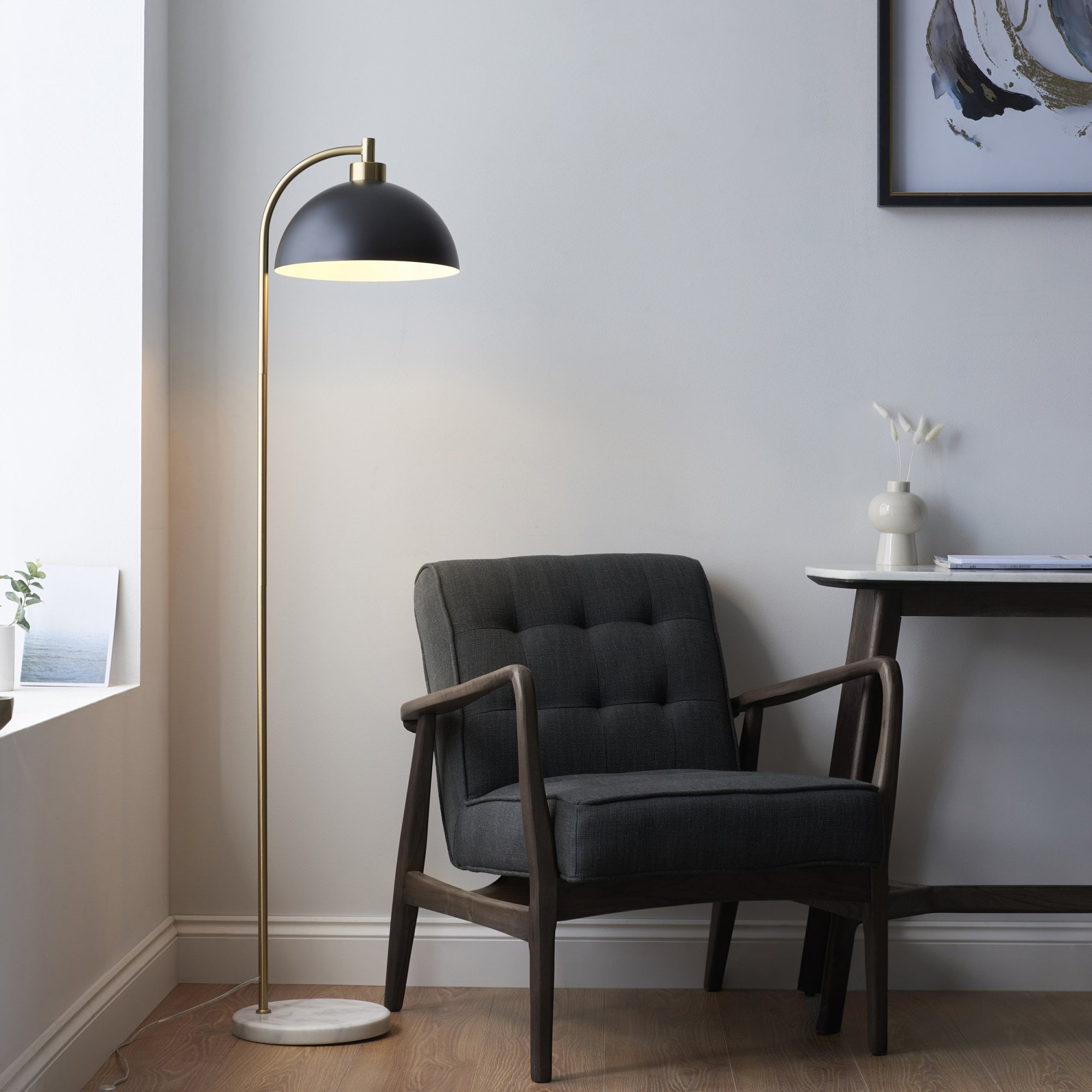 112211 Buchanan Task Floor Lamp Black, Brass & Grey Marble
