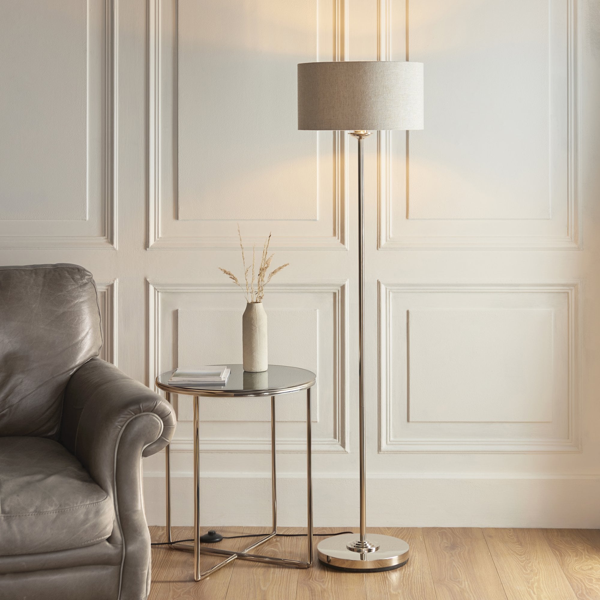 112232 Highclere Single Floor Lamp Brushed Chrome & Natural Shade