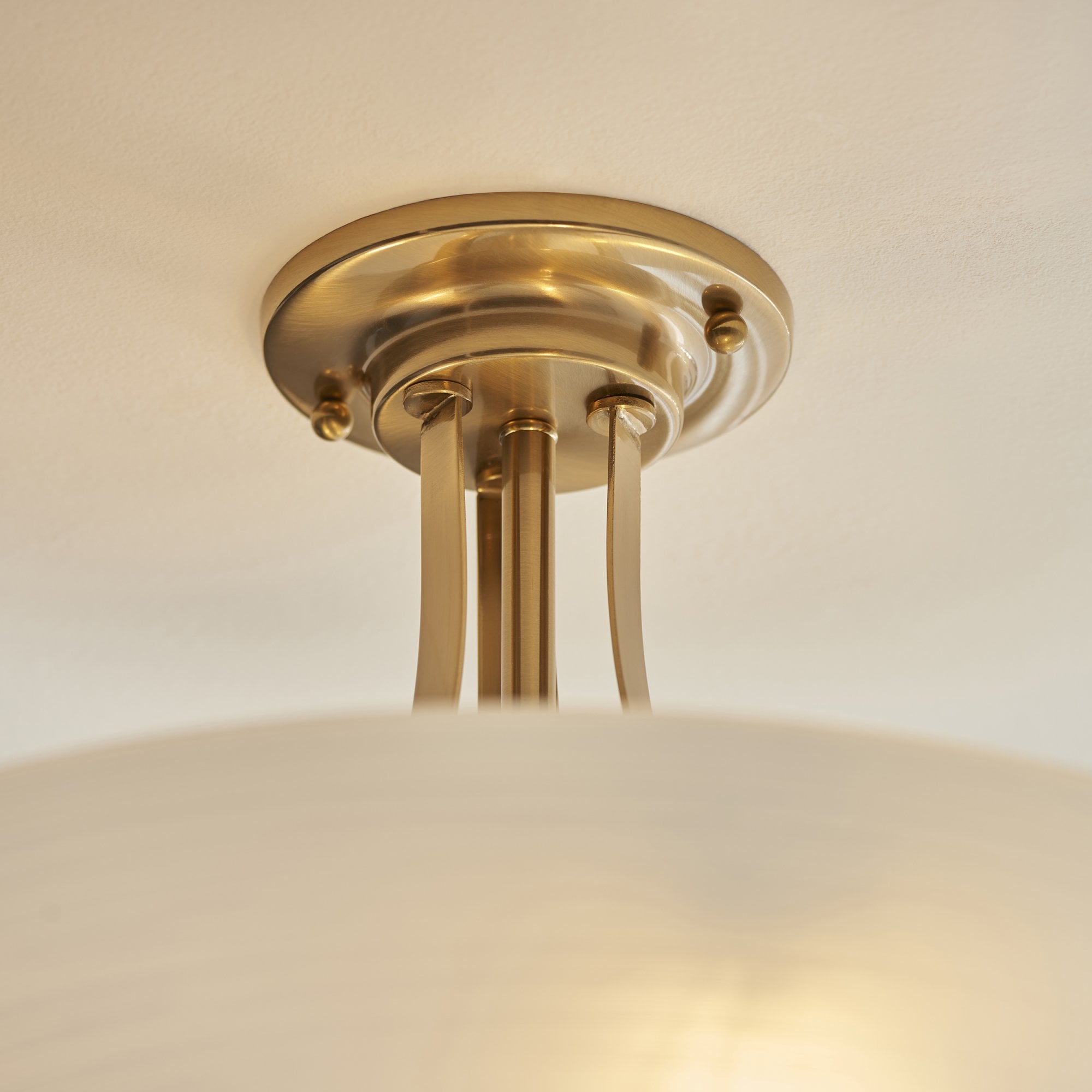 112438 Welles 3 Light Semi Flush Aged Brass & White Glass