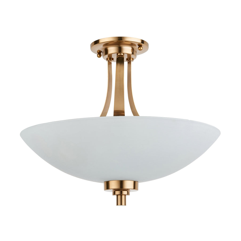 112438 Welles 3 Light Semi Flush Aged Brass & White Glass
