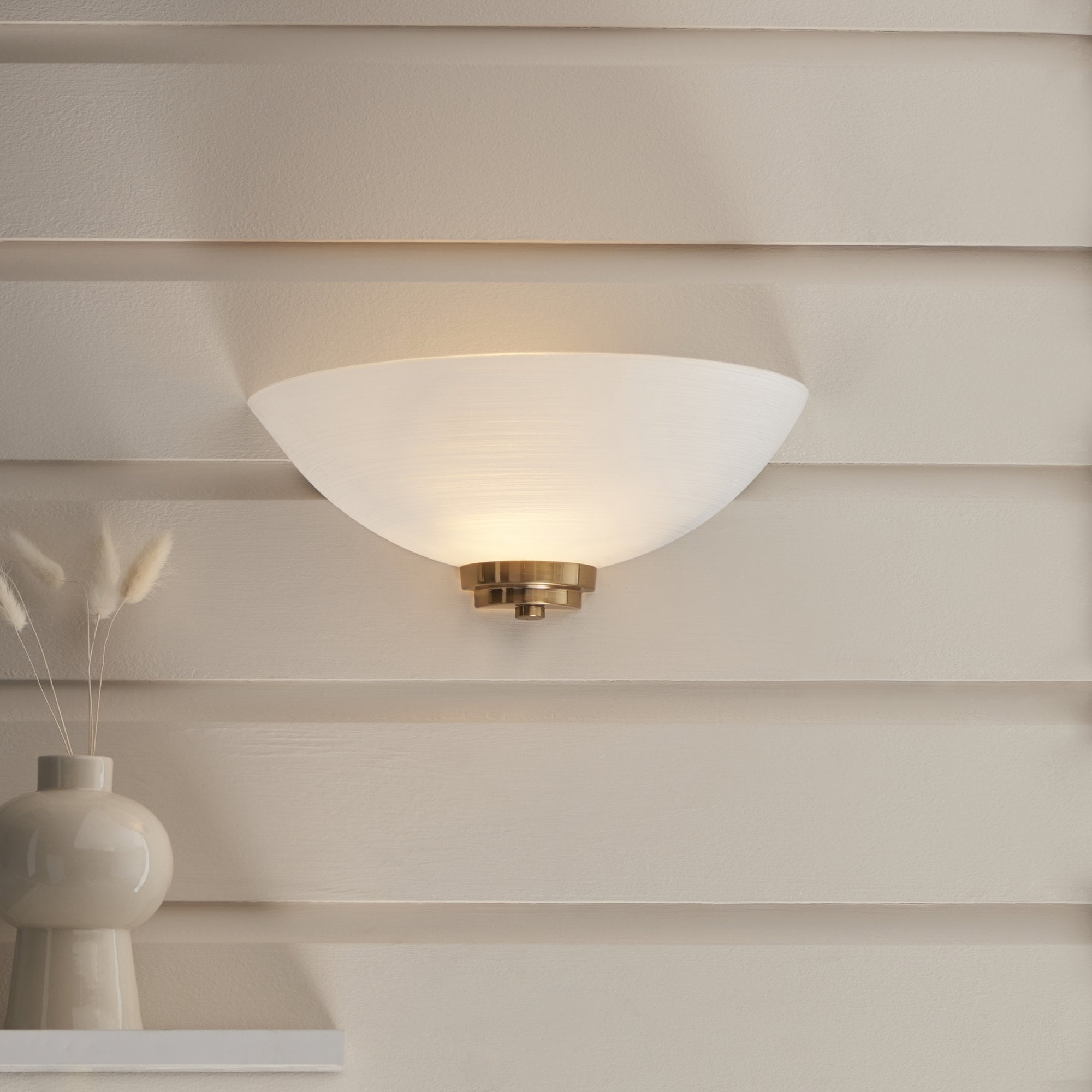112439 Welles Wall Light Aged Brass & White Glass