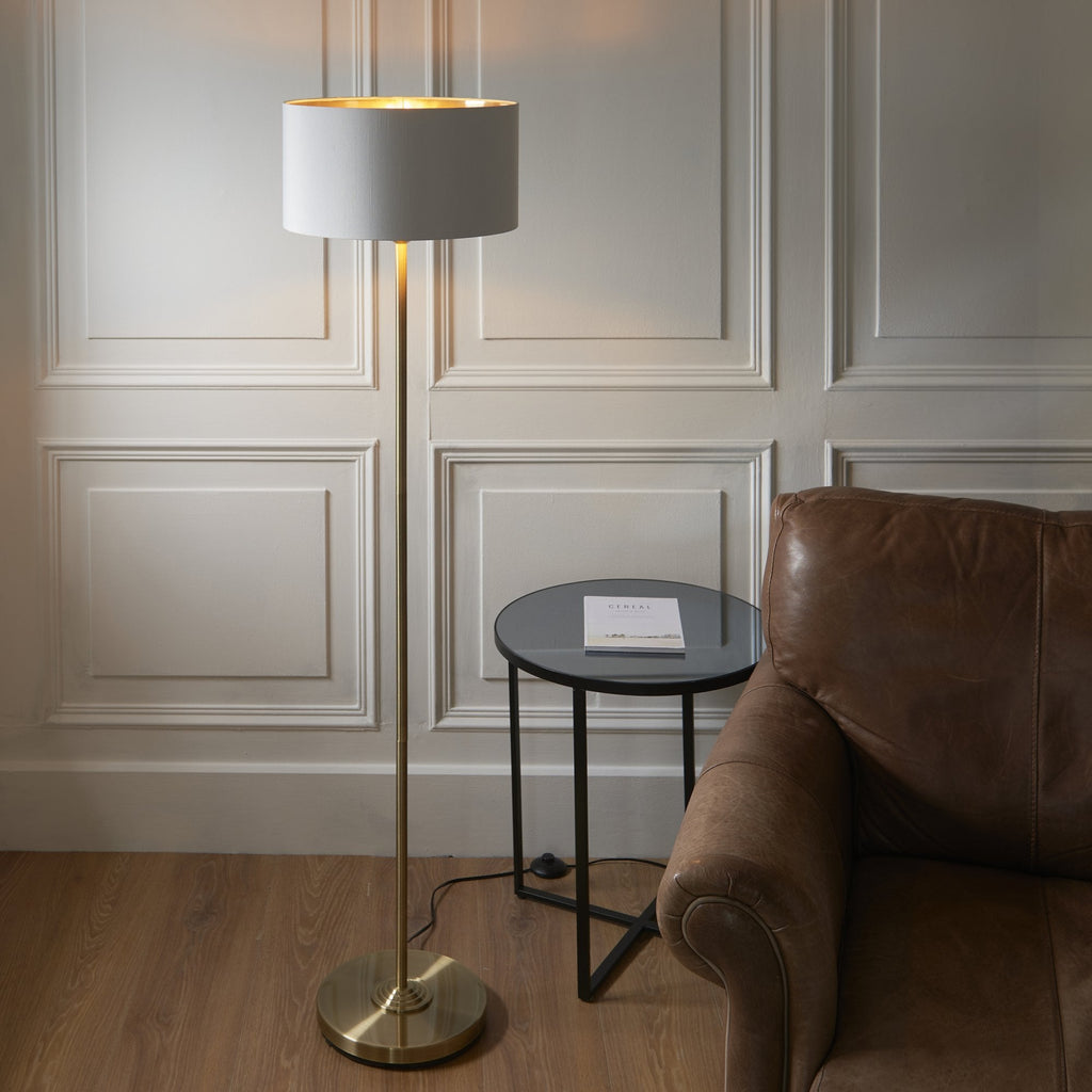 112571 Highclere Single Floor Lamp Antique Brass & White Shade