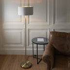 112571 Highclere Single Floor Lamp Antique Brass & White Shade