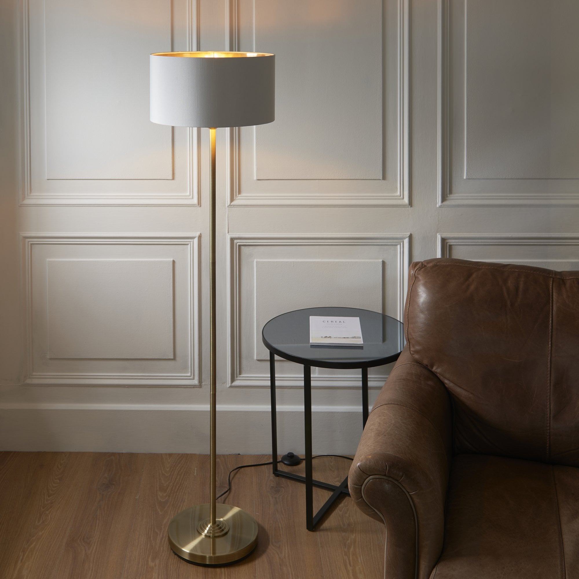 112571 Highclere Single Floor Lamp Antique Brass & White Shade