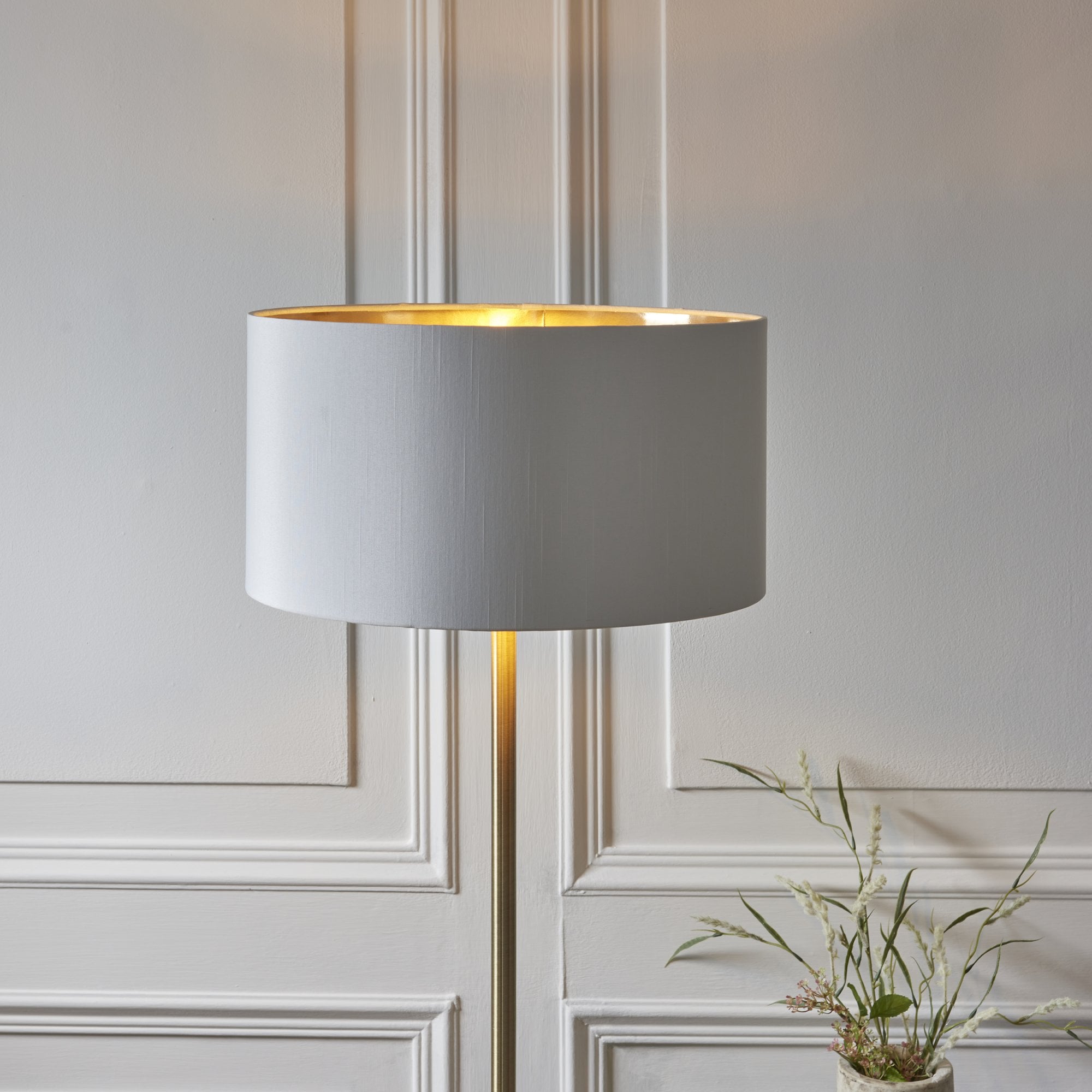 112571 Highclere Single Floor Lamp Antique Brass & White Shade