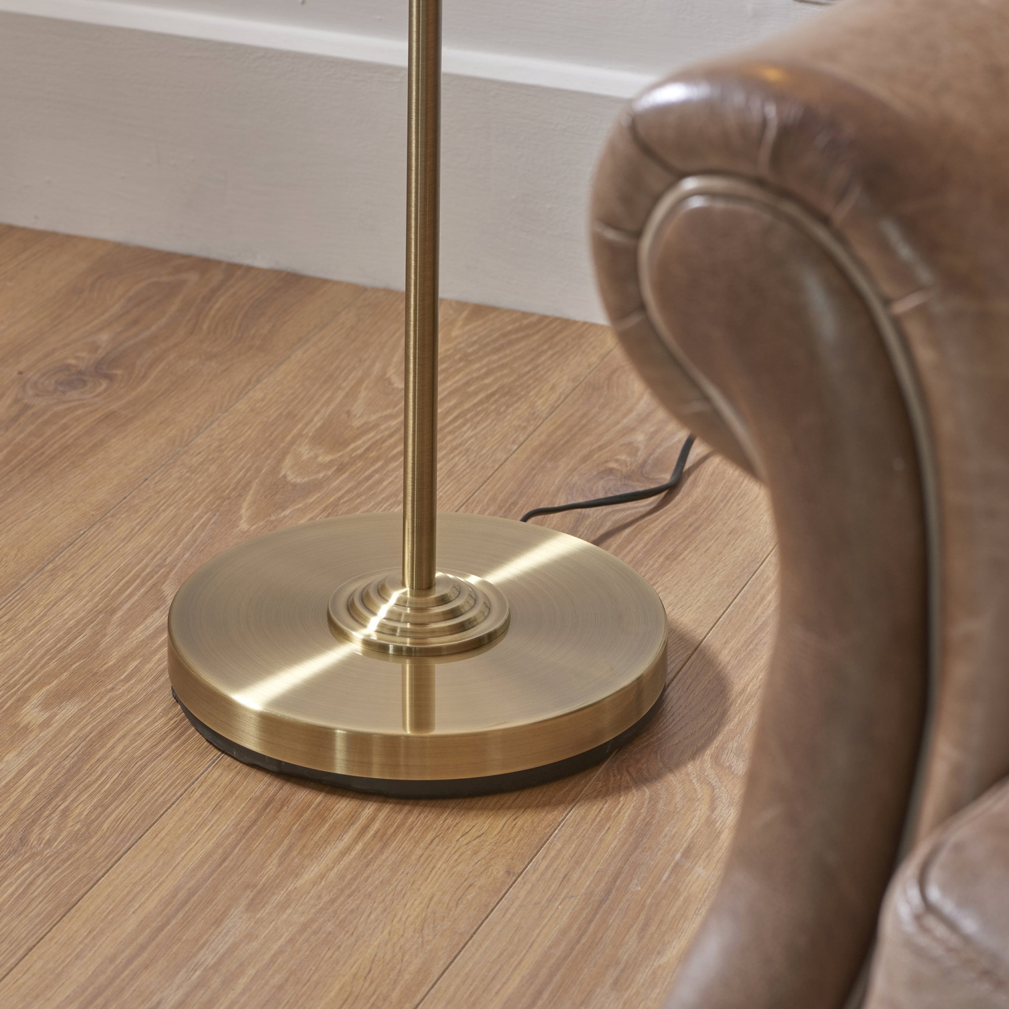 112571 Highclere Single Floor Lamp Antique Brass & White Shade