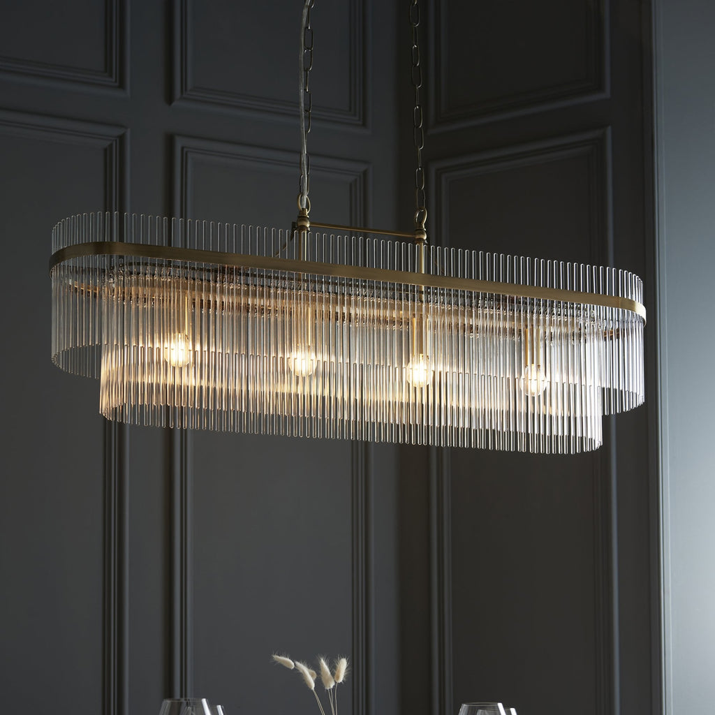 112573 Endon Marietta 4 Light Linear Pendant — Antique Brass & Clear Glass