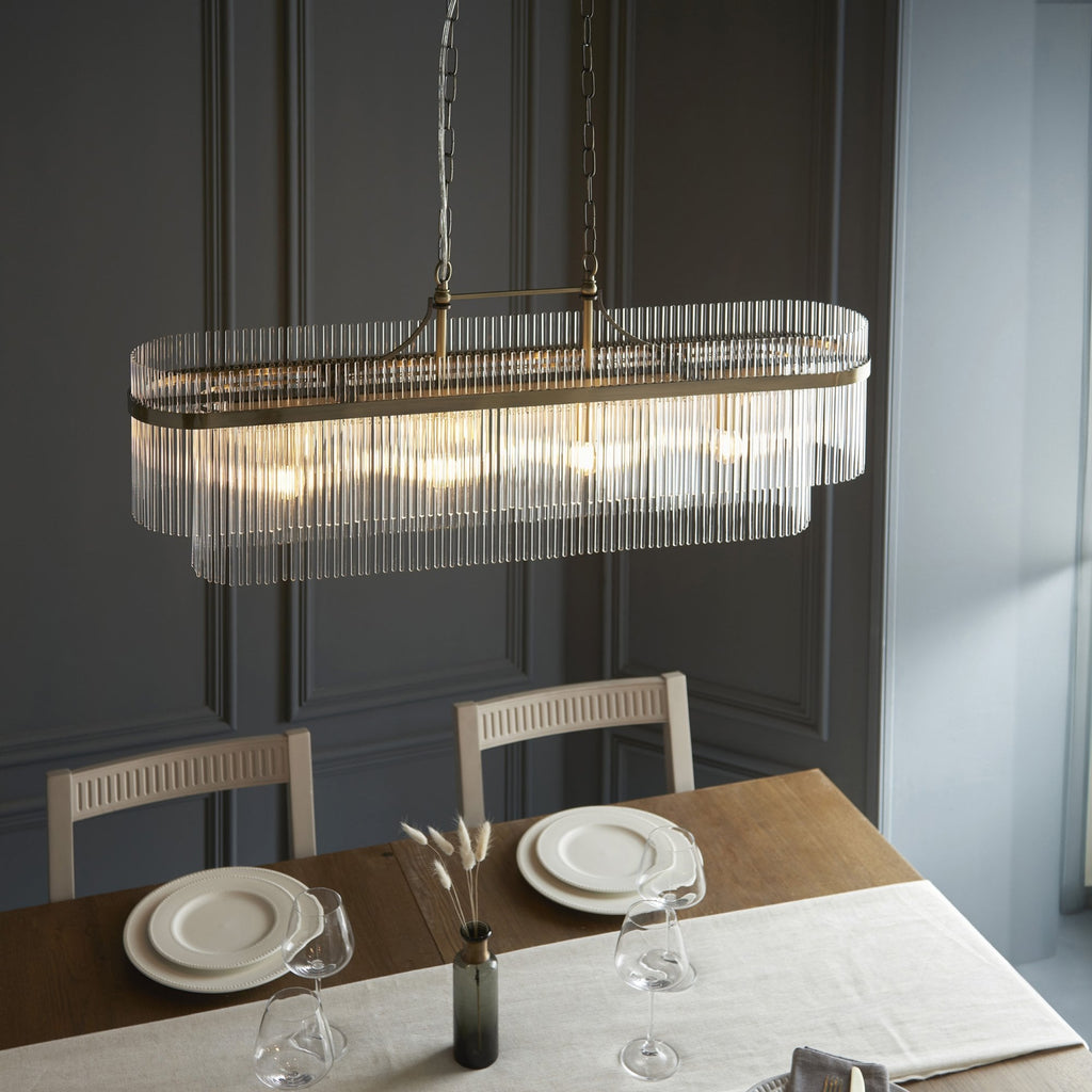 112573 Endon Marietta 4 Light Linear Pendant — Antique Brass & Clear Glass