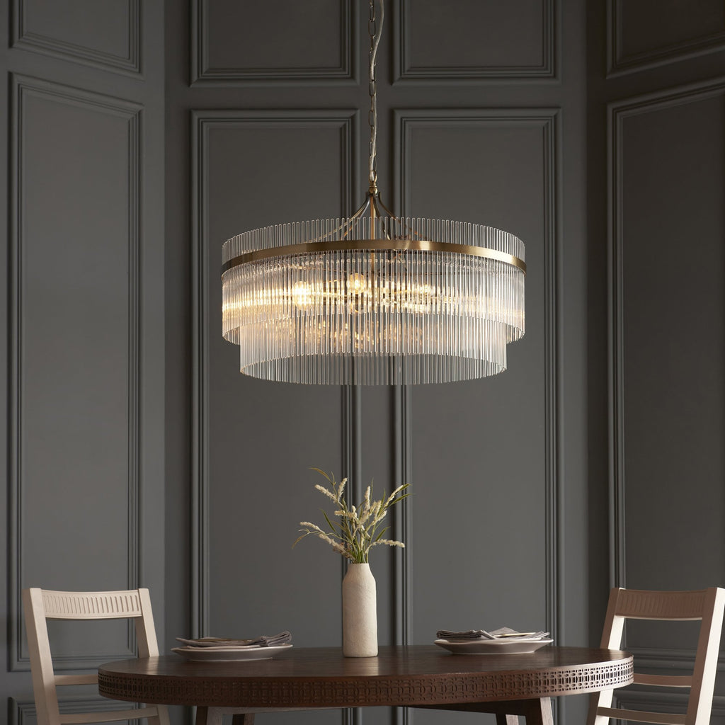 112574 Endon Marietta Grand 7 Light Pendant — Antique Brass & Clear Glass