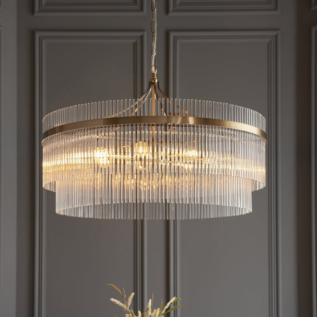 112574 Endon Marietta Grand 7 Light Pendant — Antique Brass & Clear Glass