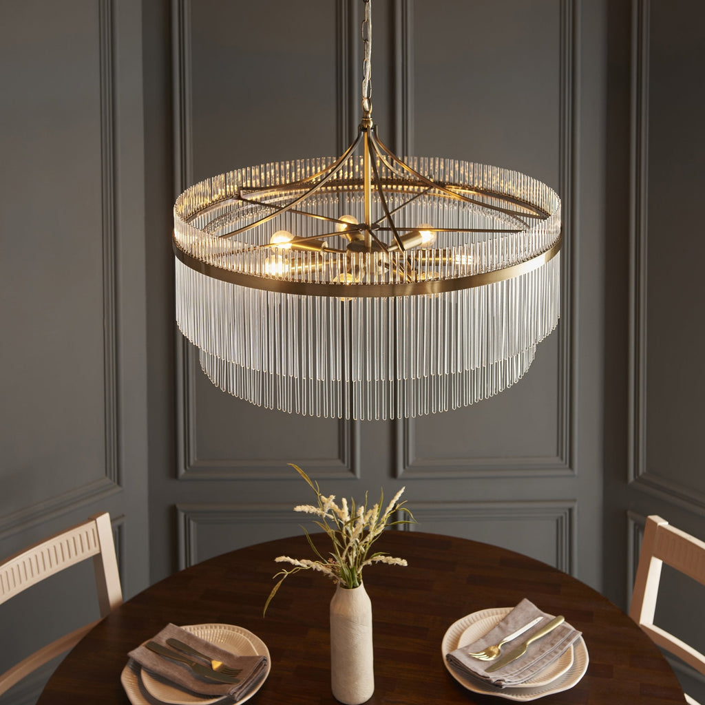 112574 Endon Marietta Grand 7 Light Pendant — Antique Brass & Clear Glass