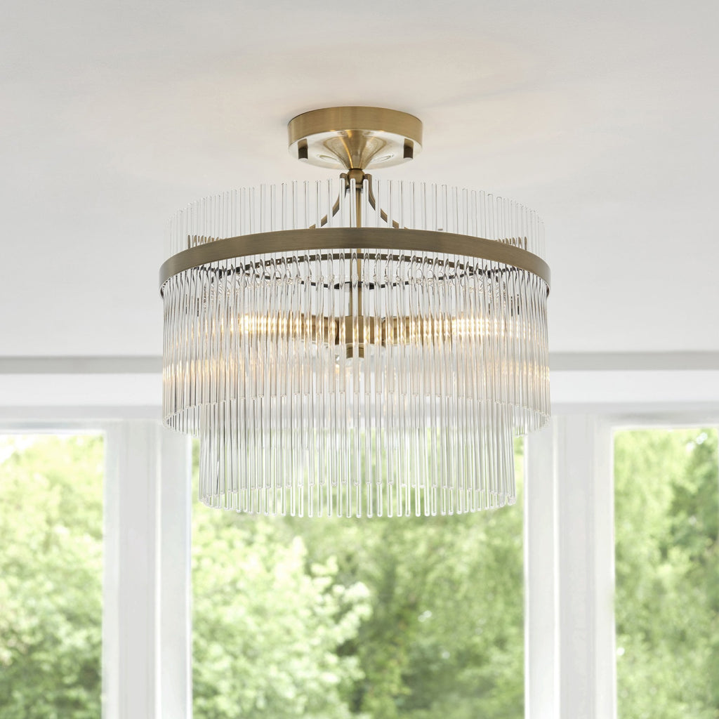112575 Endon Marietta 3 Light Semi Flush Ceiling Light — Antique Brass & Clear Glass