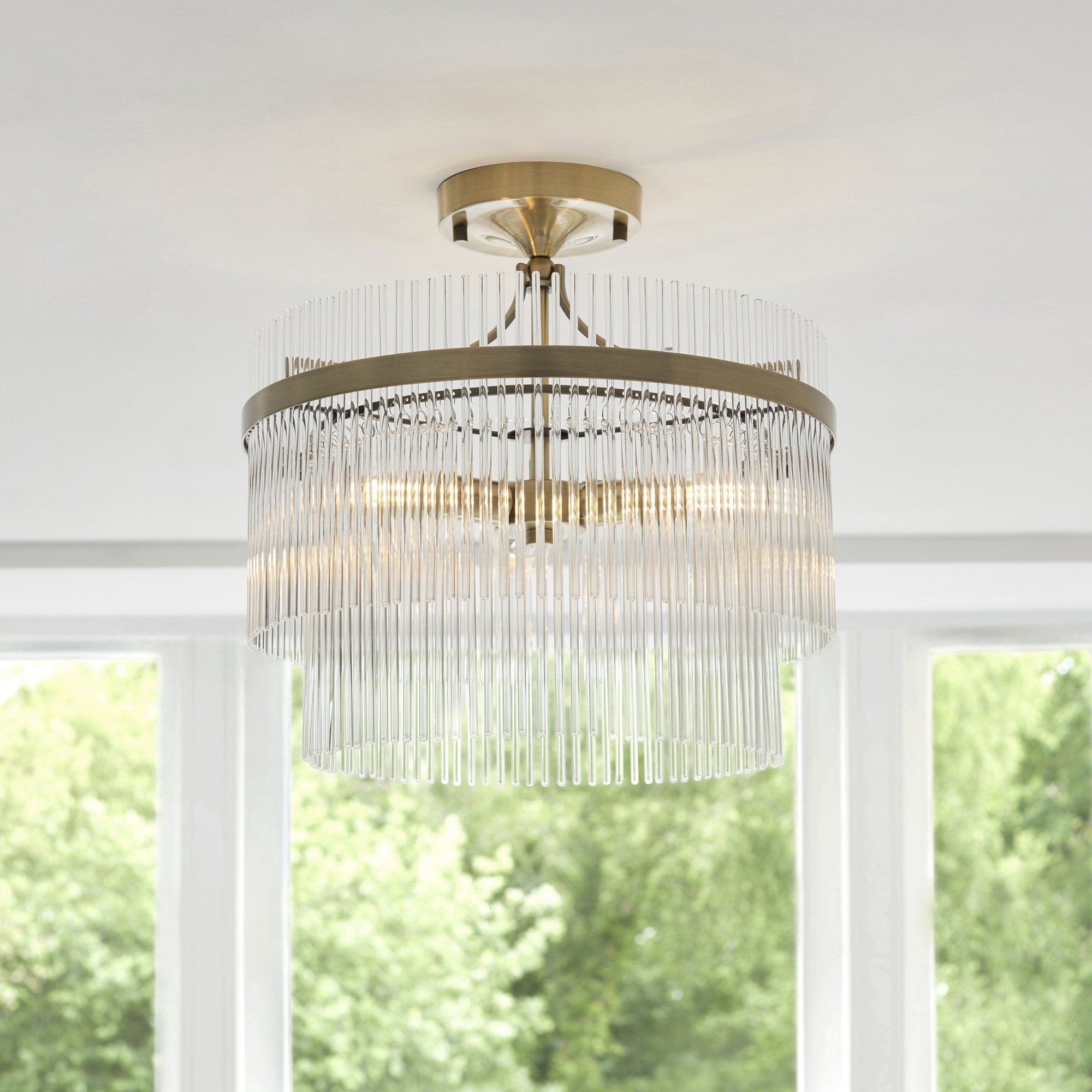 112575 Marietta 3 Light Semi Flush Antique Brass & Clear Glass