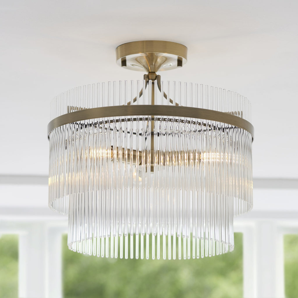 112575 Endon Marietta 3 Light Semi Flush Ceiling Light — Antique Brass & Clear Glass
