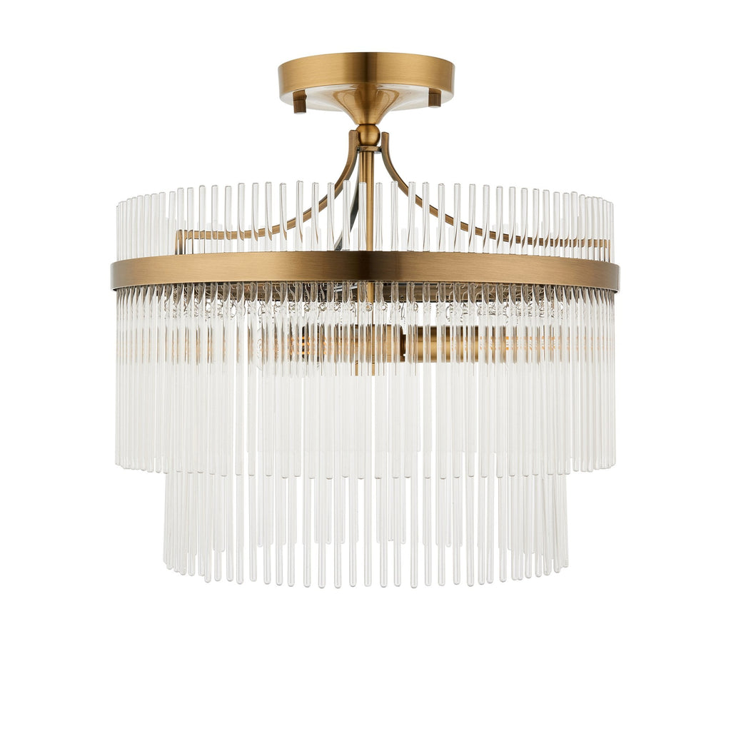 112575 Endon Marietta 3 Light Semi Flush Ceiling Light — Antique Brass & Clear Glass