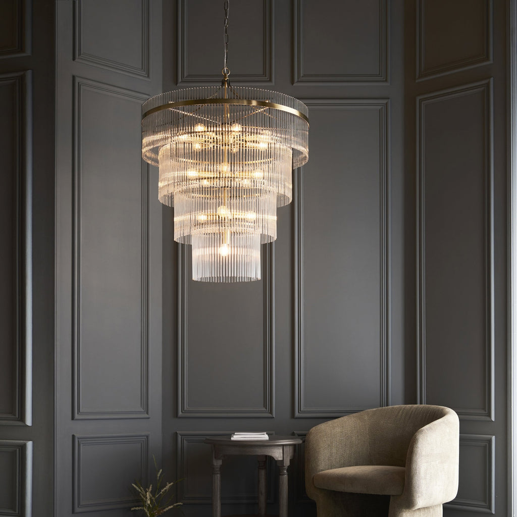 112576 Endon Marietta 16 Light Tiered Pendant — Antique Brass & Clear Glass