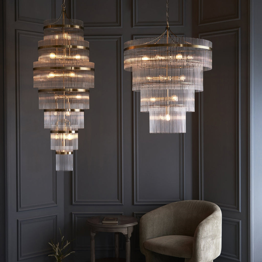 112576 Endon Marietta 16 Light Tiered Pendant — Antique Brass & Clear Glass