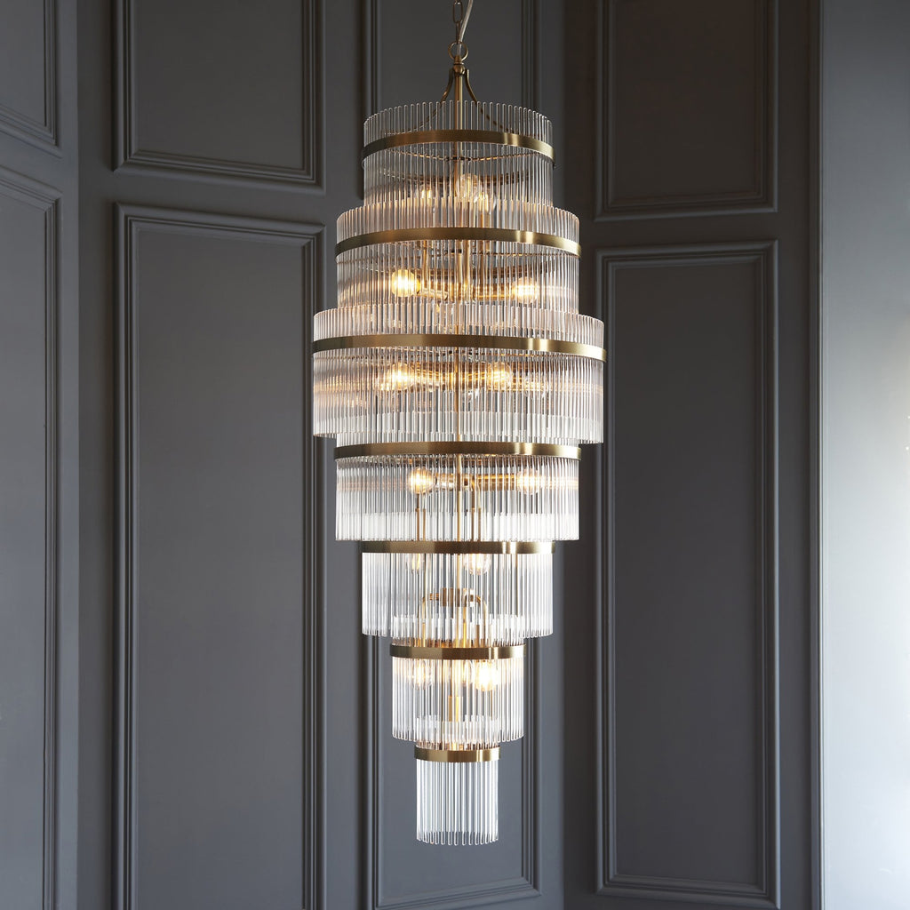 112793 Endon Marietta Grand 21 Light Tiered Pendant — Antique Brass & Clear Glass