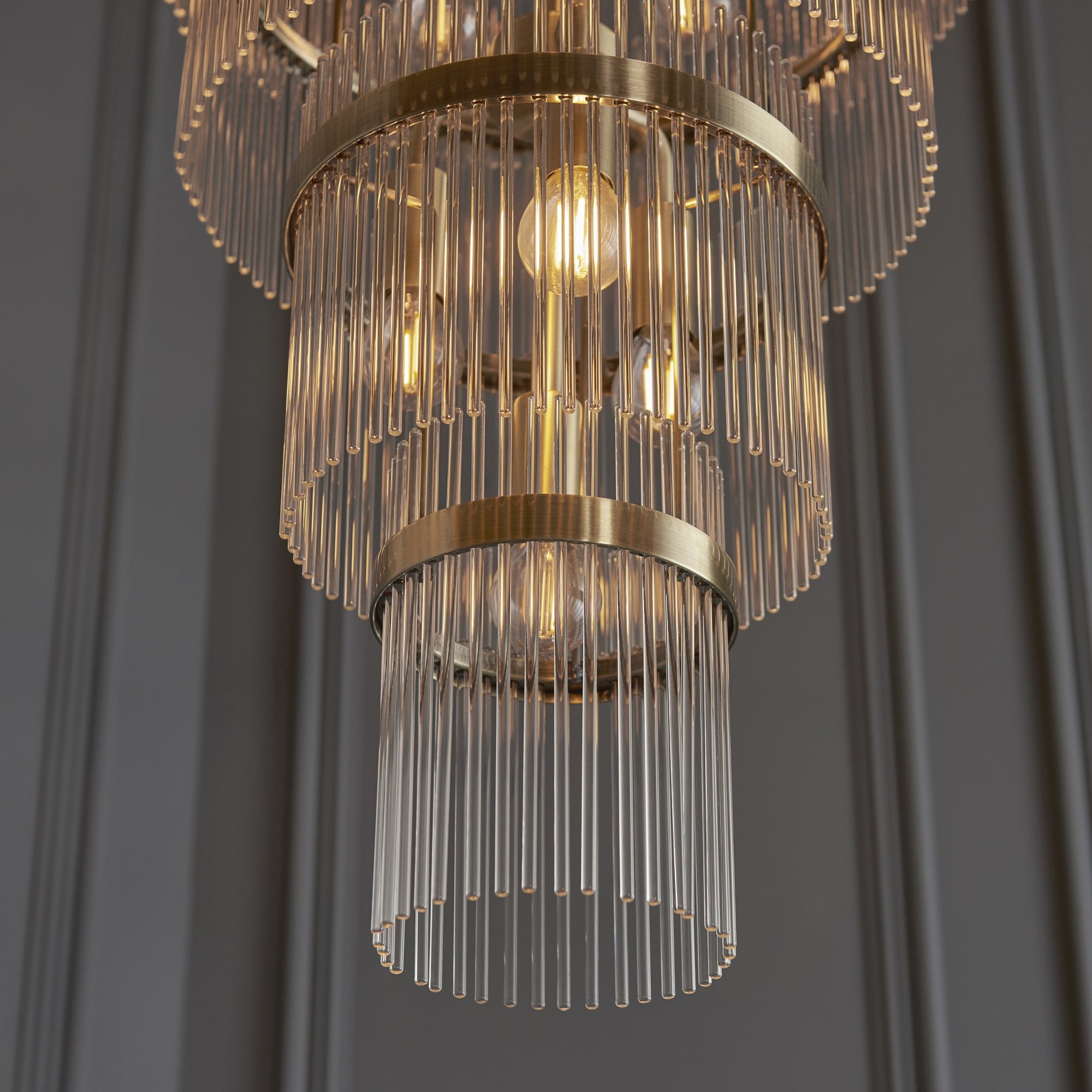112793 Endon Marietta Grand 21 Light Tiered Pendant — Antique Brass & Clear Glass