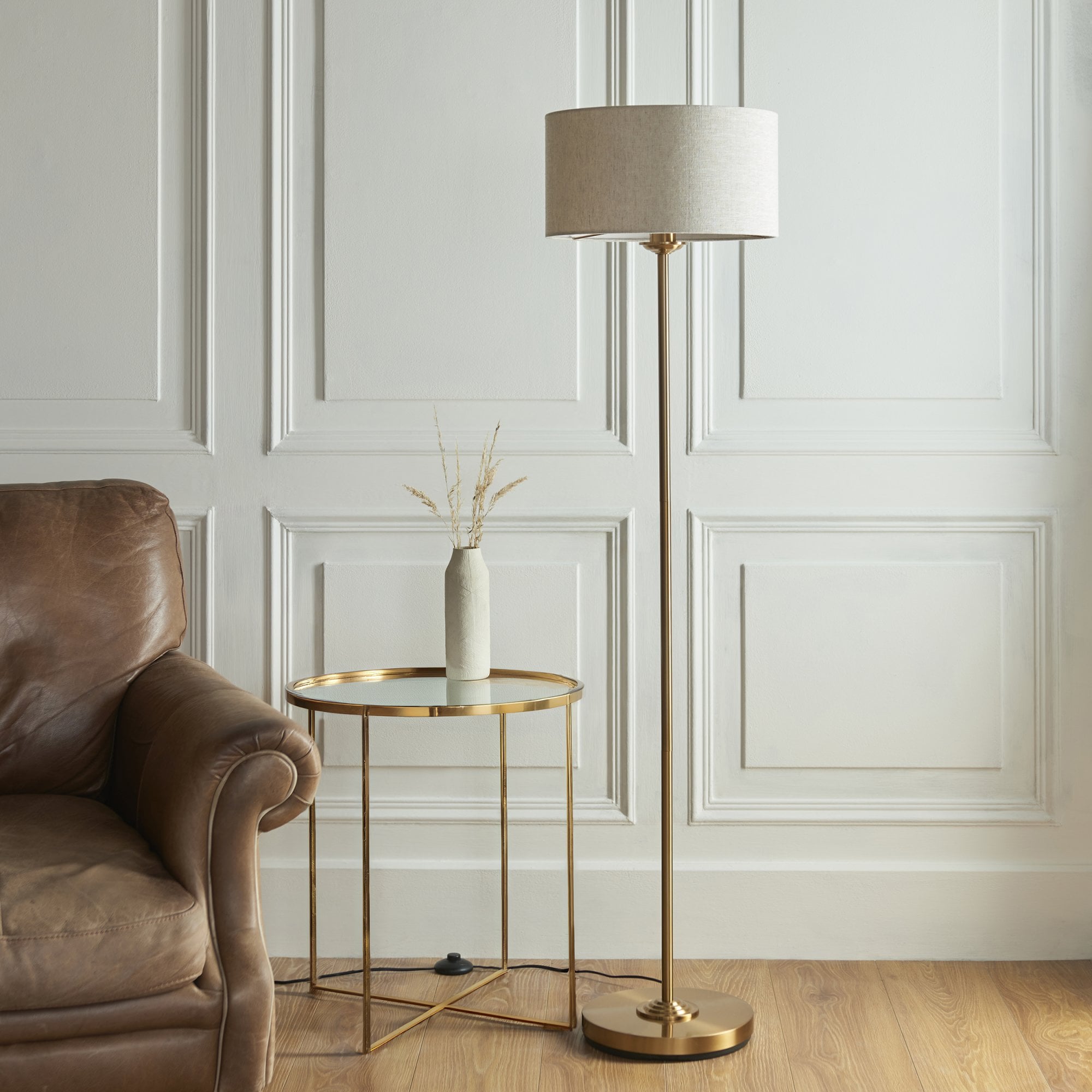 113461 Highclere Single Floor Lamp Brass & Natural Shade