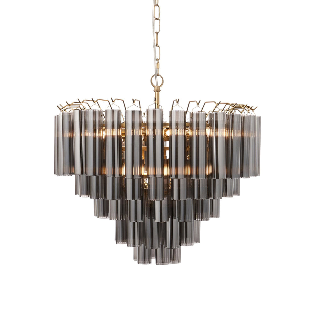 114197 Toulouse 12 Light Pendant Satin Brass & Smokey Glass