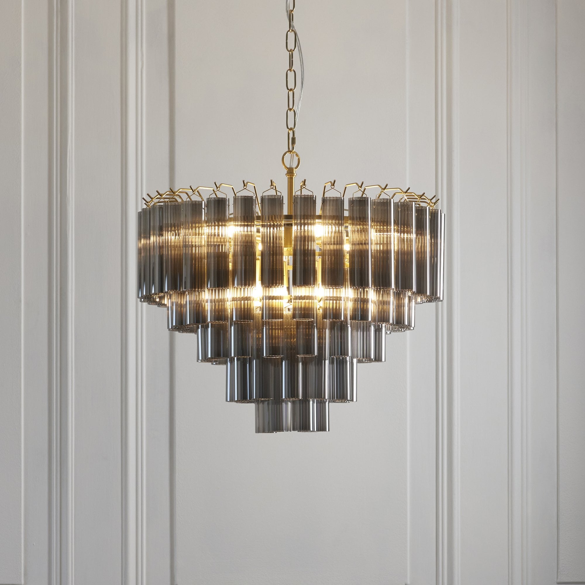 114197 Toulouse 12 Light Pendant Satin Brass & Smokey Glass