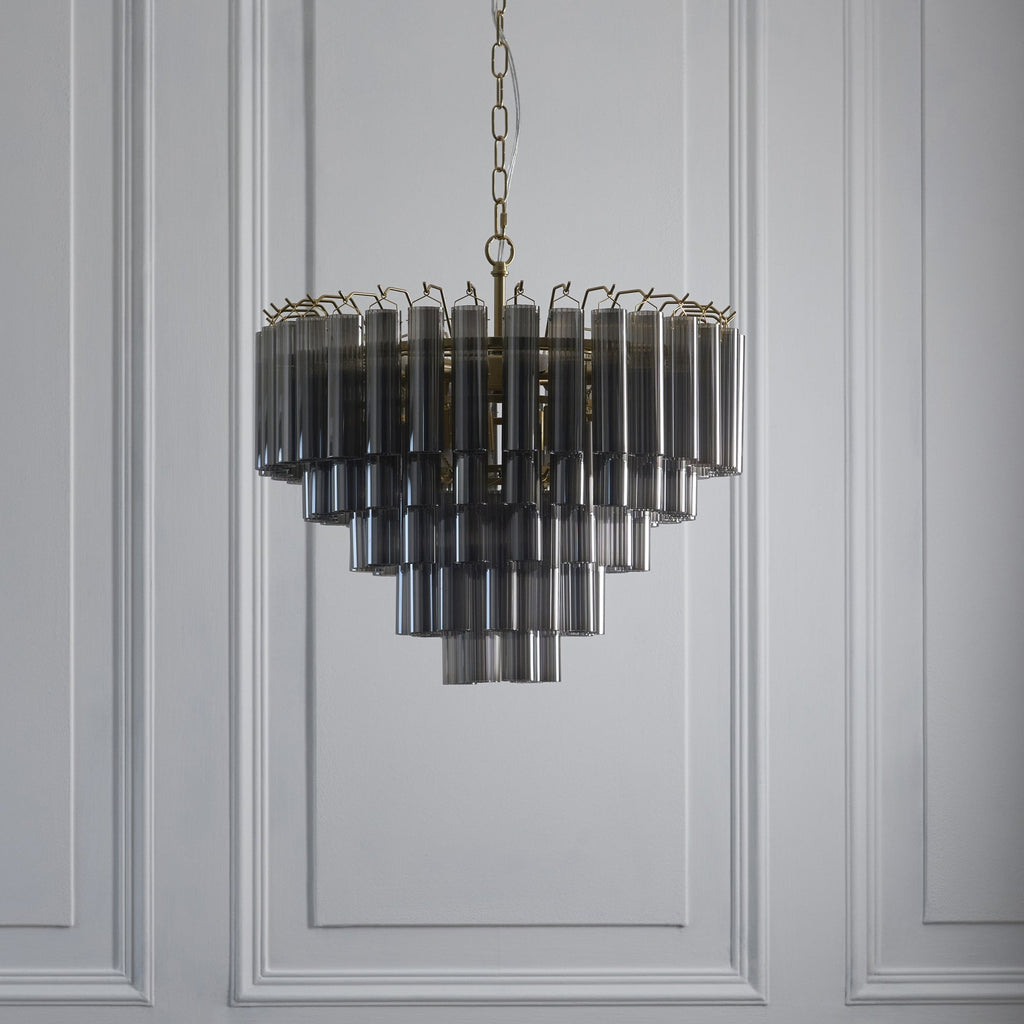 114197 Toulouse 12 Light Pendant Satin Brass & Smokey Glass