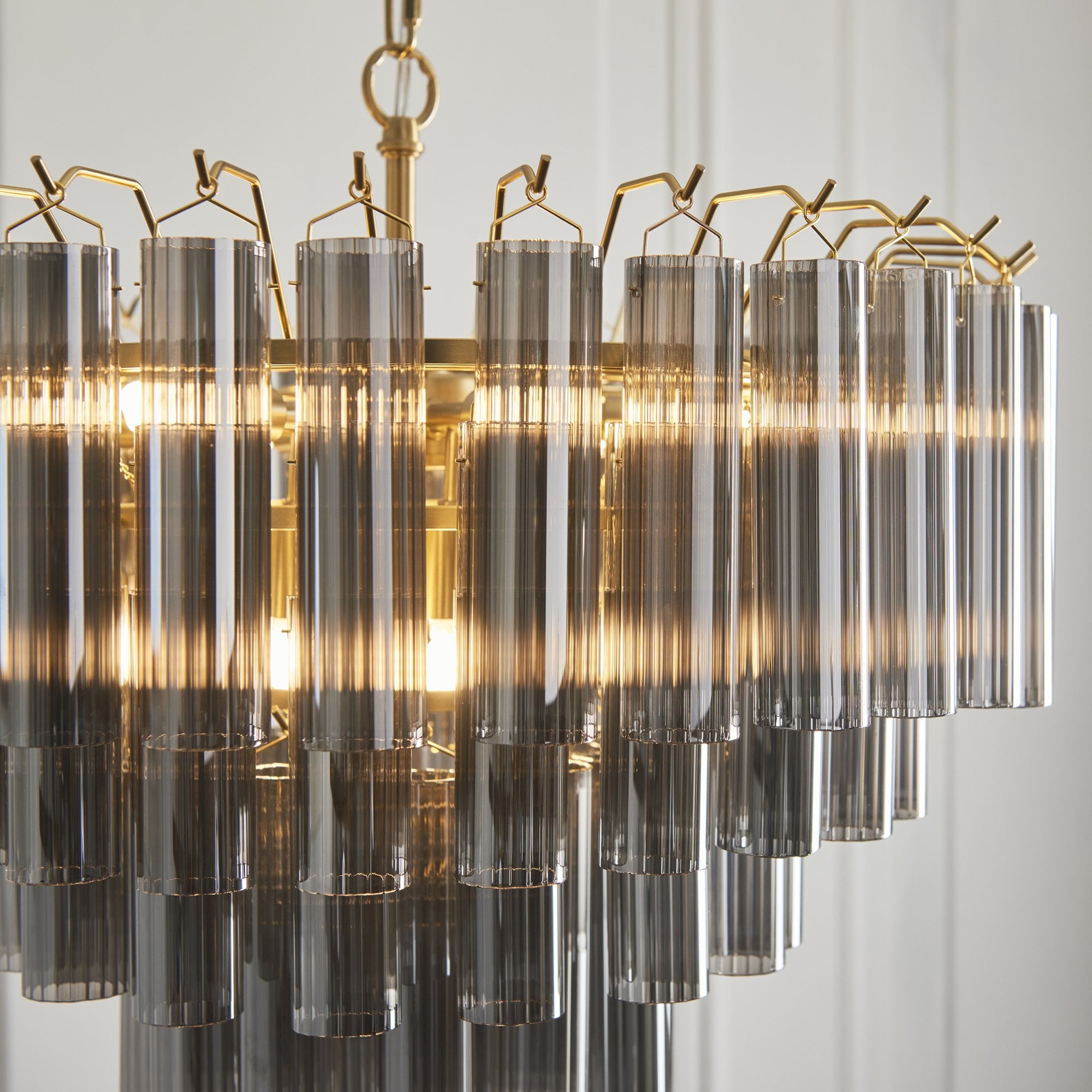 114197 Toulouse 12 Light Pendant Satin Brass & Smokey Glass