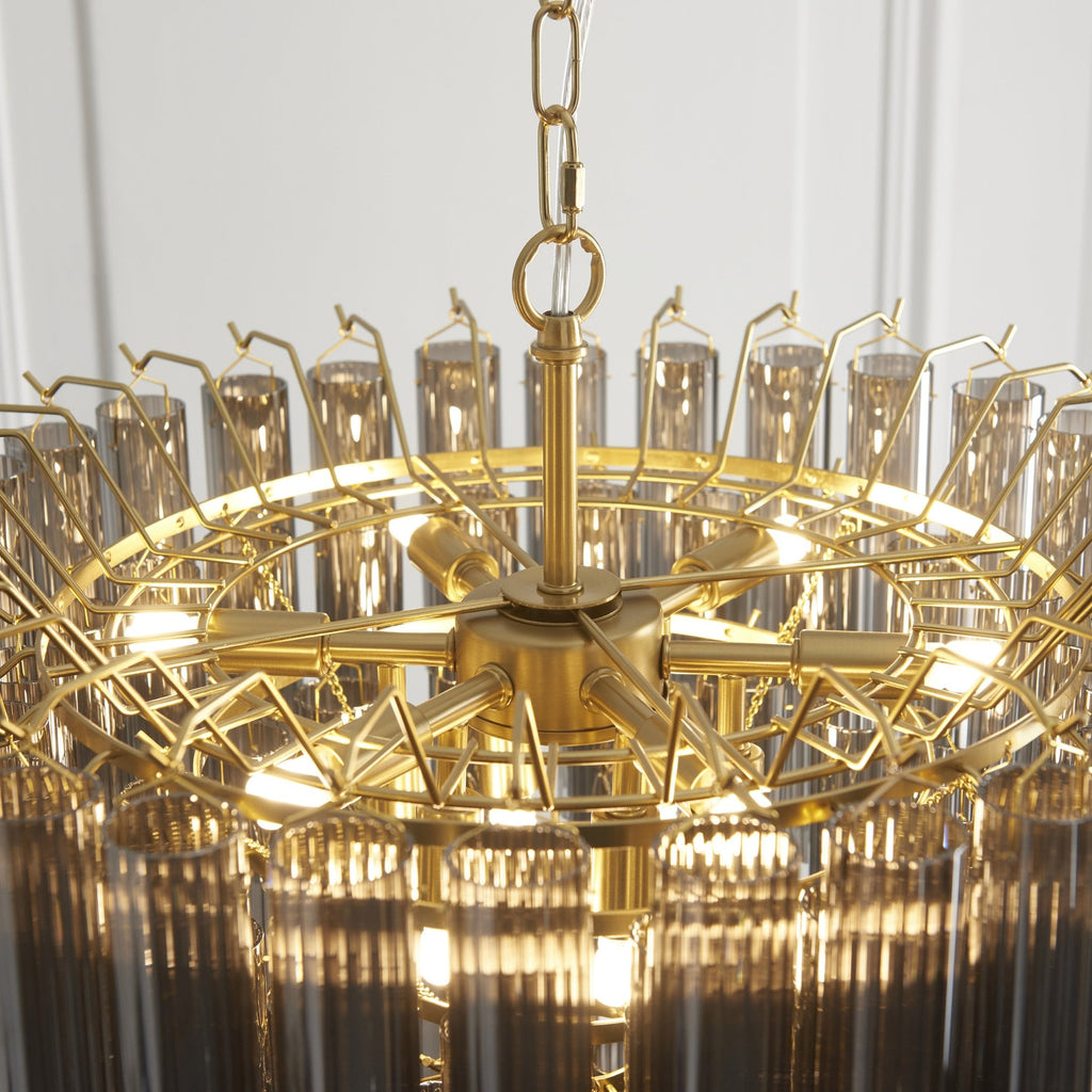 114197 Toulouse 12 Light Pendant Satin Brass & Smokey Glass