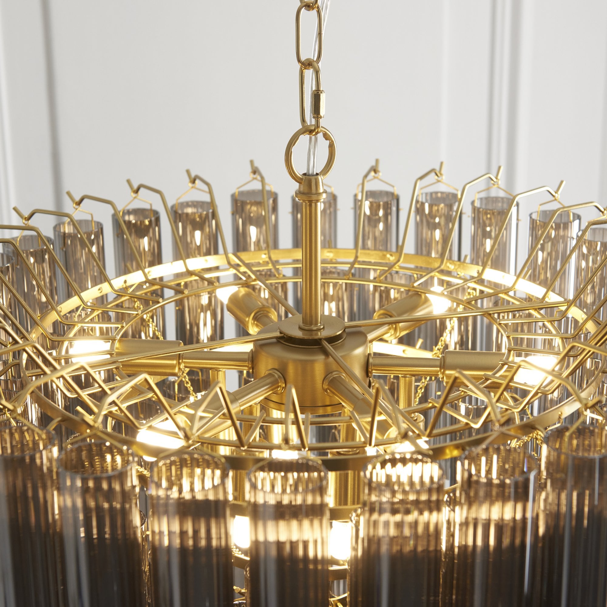 114197 Toulouse 12 Light Pendant Satin Brass & Smokey Glass