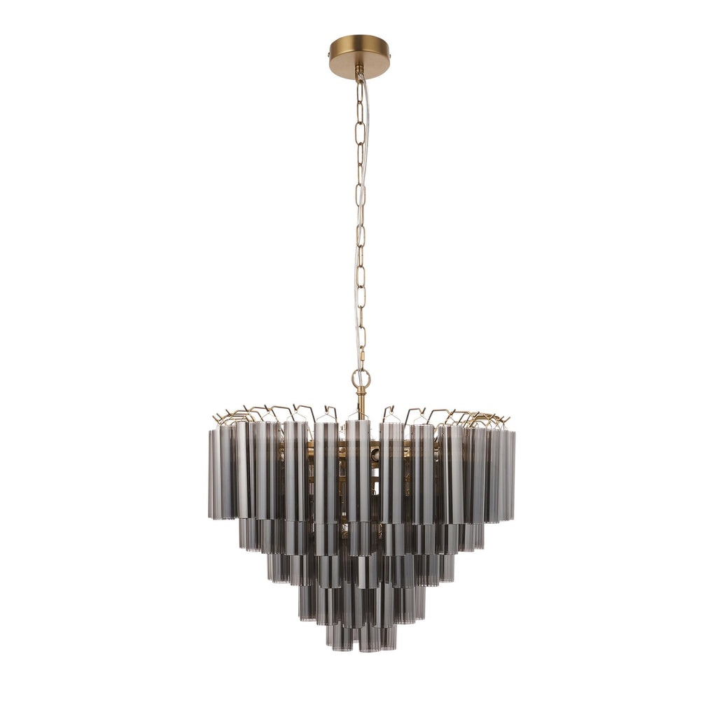 114197 Toulouse 12 Light Pendant Satin Brass & Smokey Glass