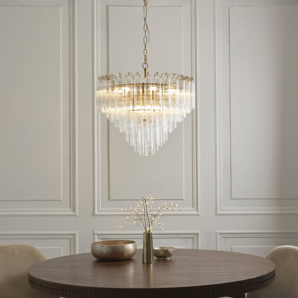 114198 Toulouse 12 Light Pendant Satin Brass & Clear Glass