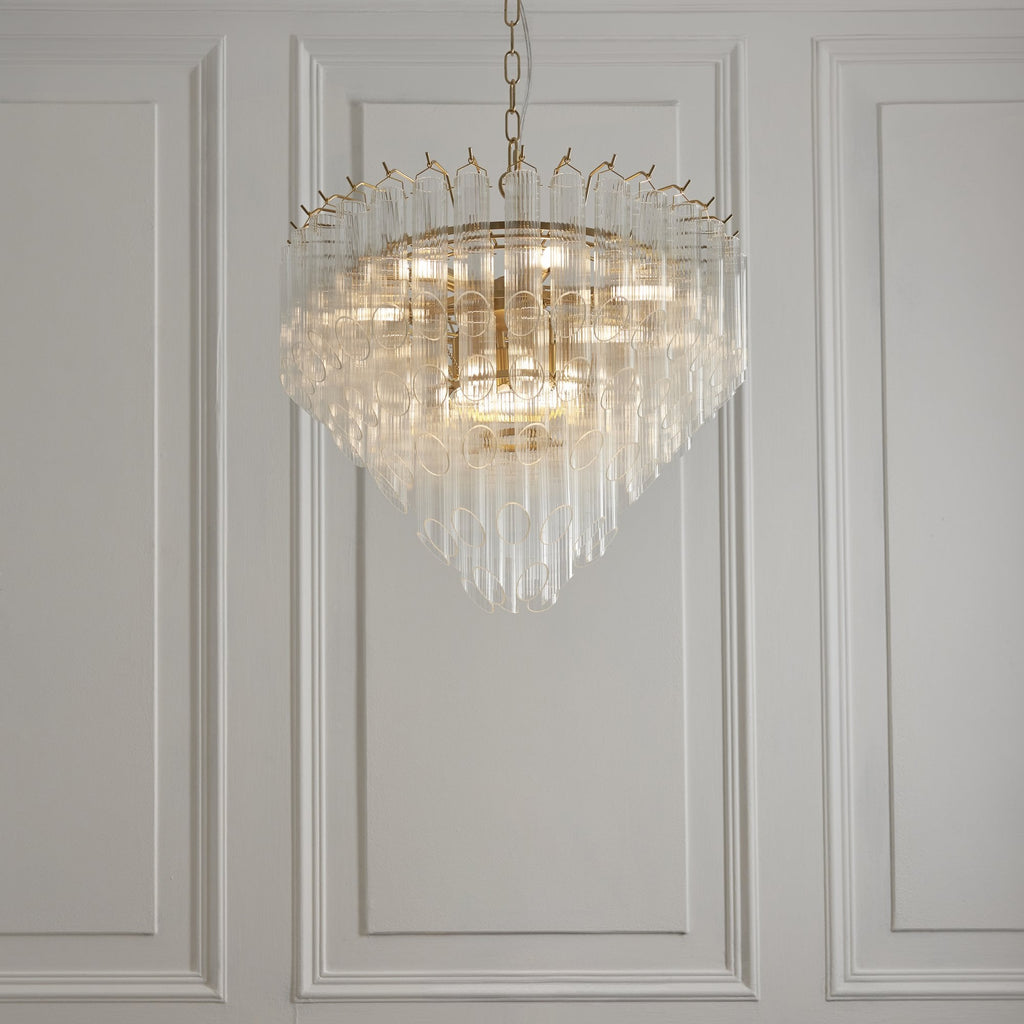 114198 Toulouse 12 Light Pendant Satin Brass & Clear Glass