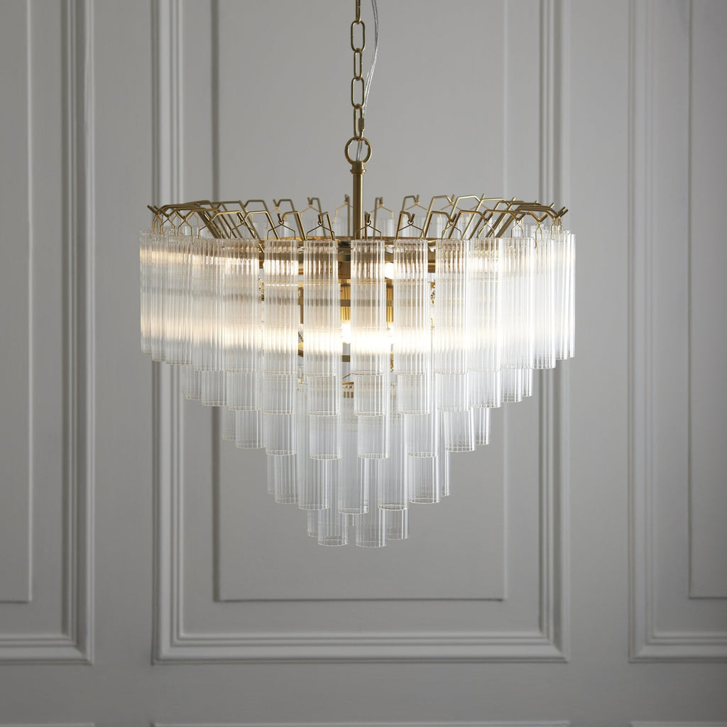 114199 Toulouse 12 Light Pendant Satin Brass & Clear Glass