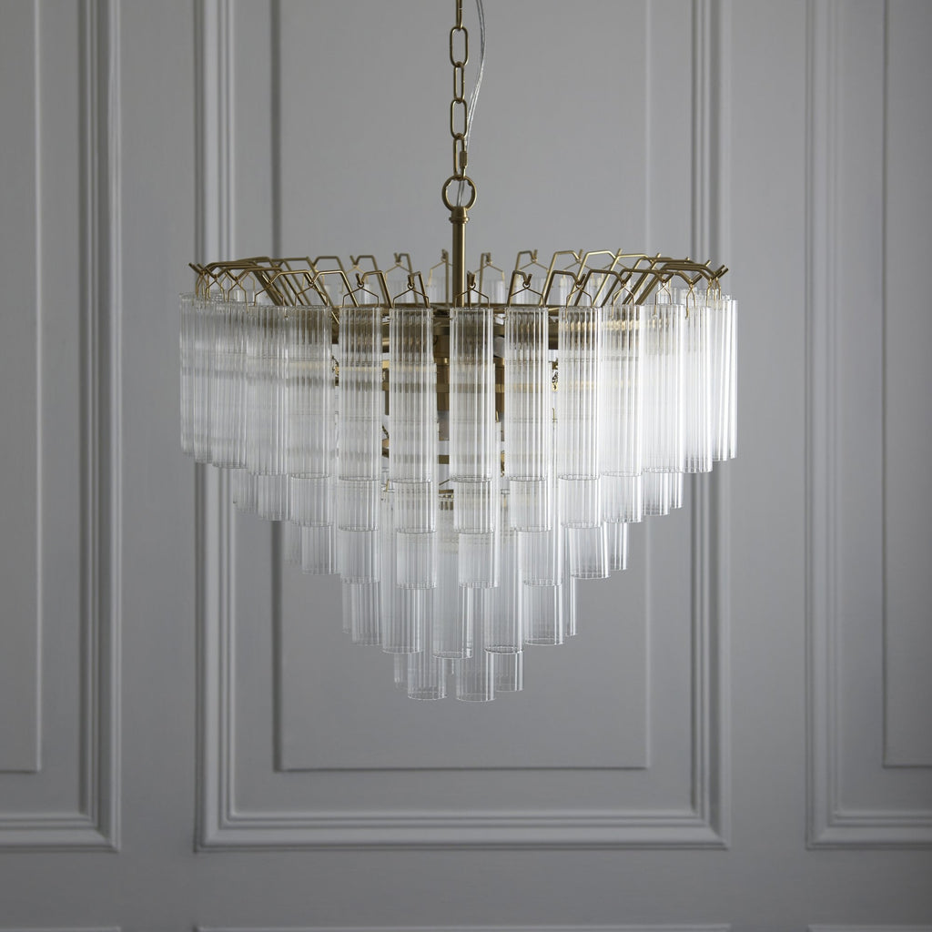 114199 Toulouse 12 Light Pendant Satin Brass & Clear Glass