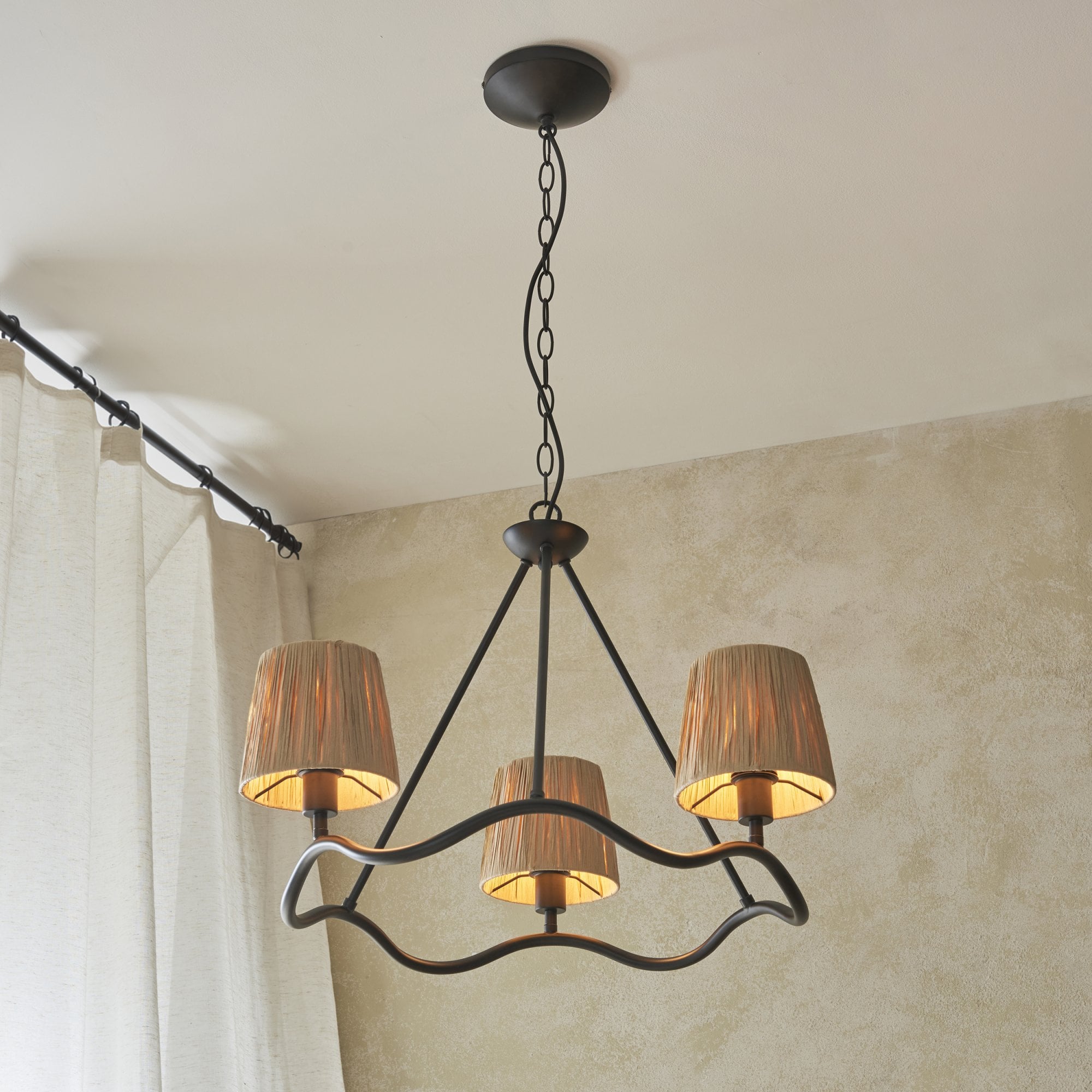 114212 Wriggle 3 Light Pendant Black & Natural Shade