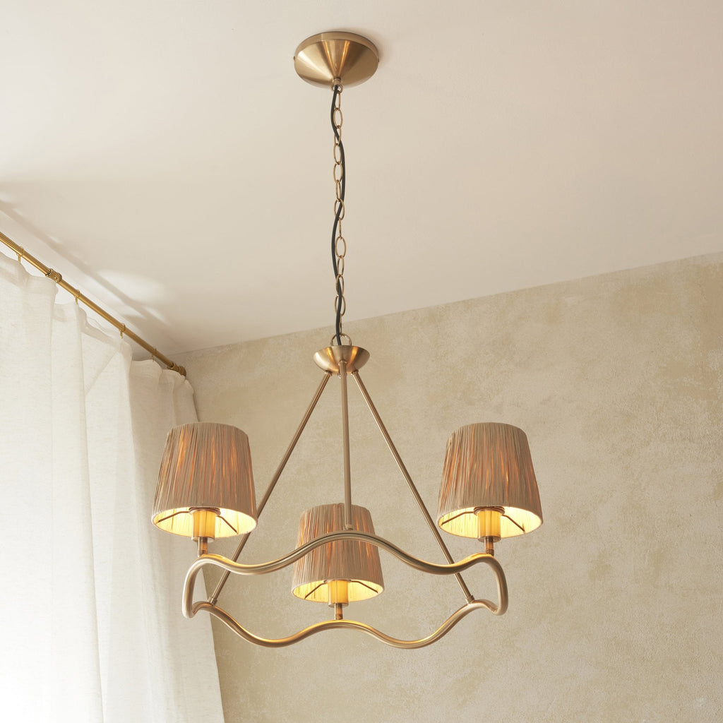 114213 Wriggle 3 Light Pendant Aged Brass & Natural Shade