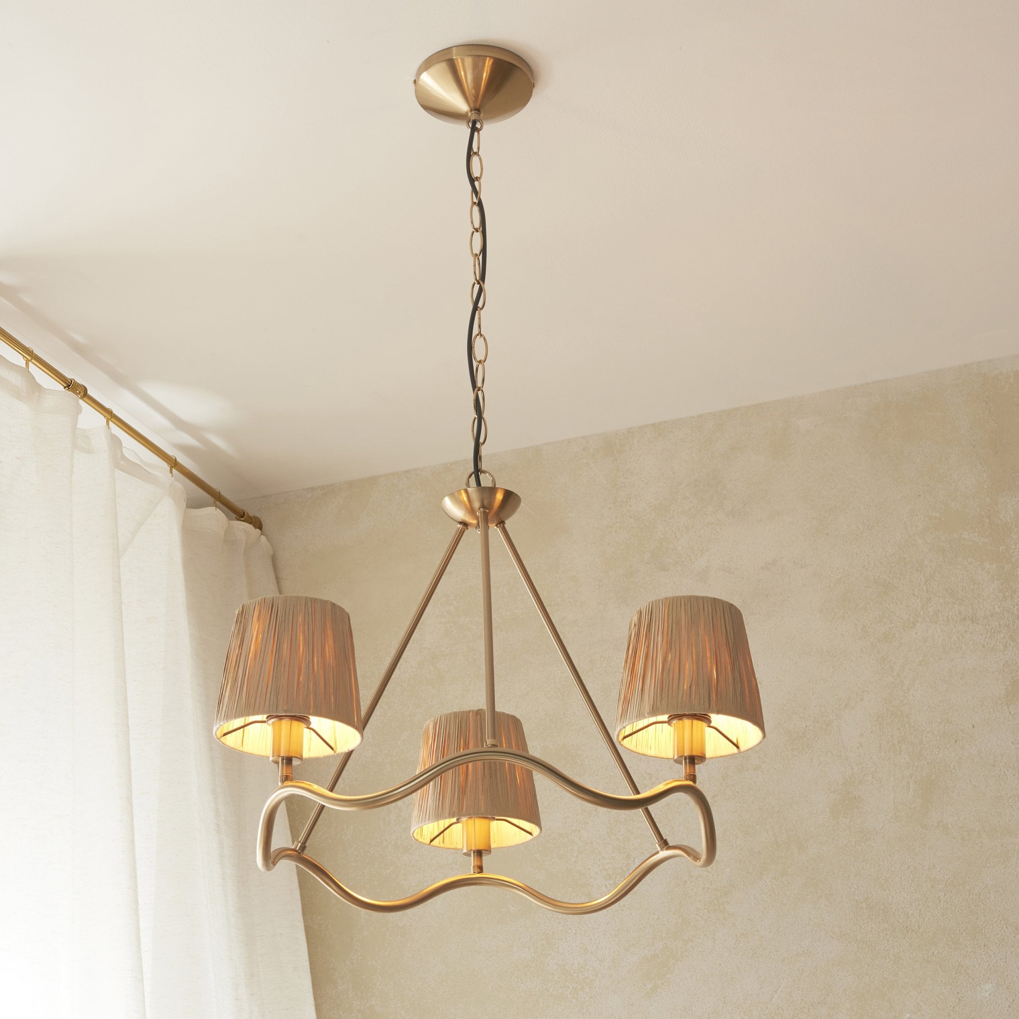 114213 Wriggle 3 Light Pendant Aged Brass & Natural Shade