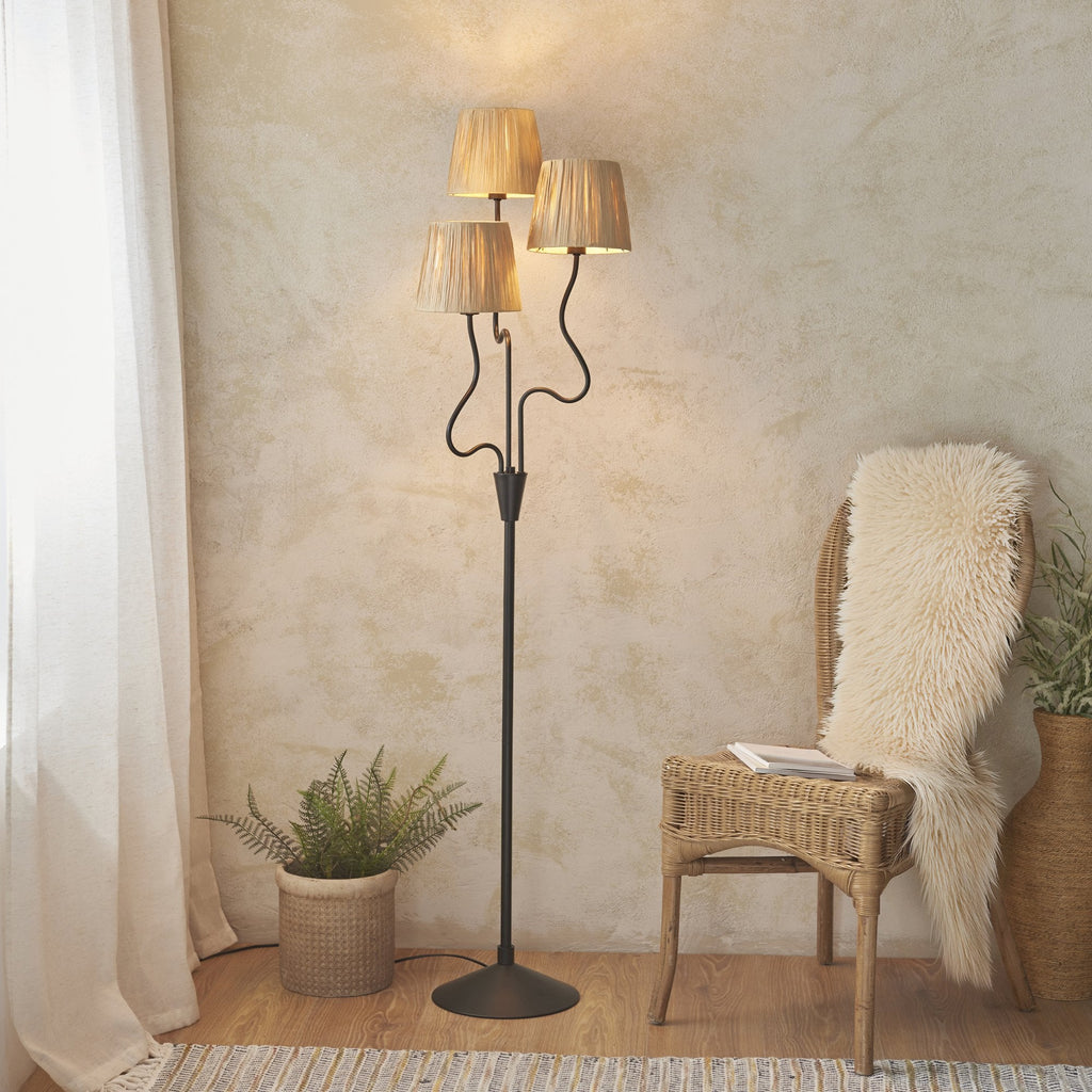 114221 Wriggle 3 Light Floor Lamp Black & Natural Shade