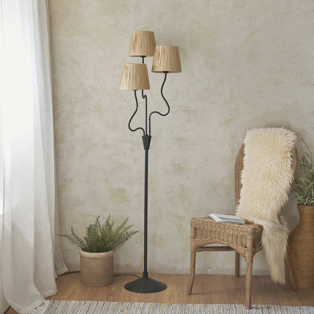 114221 Wriggle 3 Light Floor Lamp Black & Natural Shade